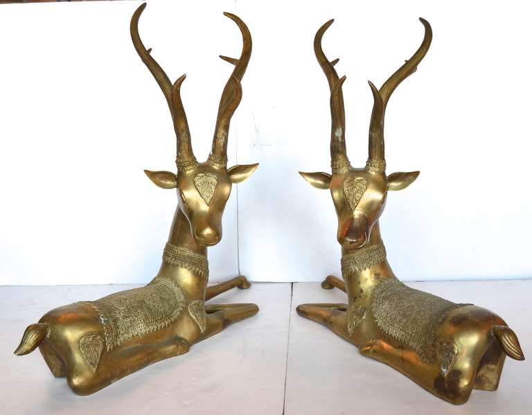 Brass Recumbent Deer in Opposing Positions In Excellent Condition In Palm Springs, CA