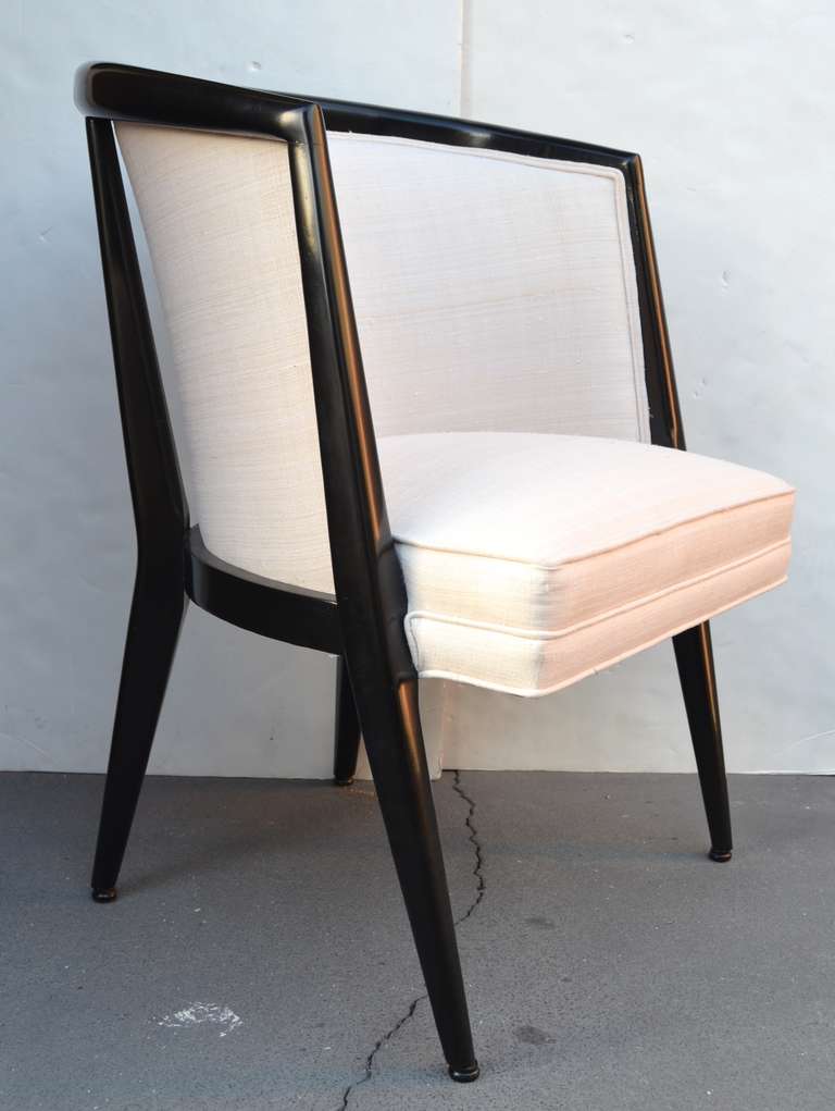 A spectacular set of Harold Schwartz for Romweber dining chairs.

We have restored this one in a tete negre finish and upholstered it in white tussah silk. The other nine can be restored to match or as client desires.
4 week lead time.