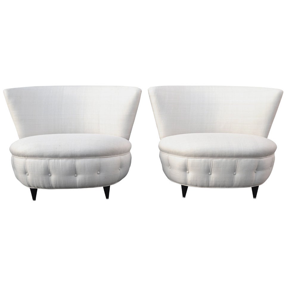 Gilbert Rohde 1940s Tufted Silk Lounge Chairs For Sale