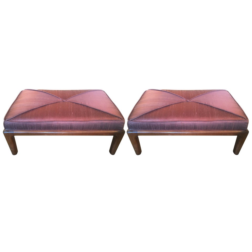 Maurice Bailey Silk Top Walnut Stools For Sale