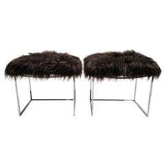 Milo Baughman Stools in Chocolate Mongolian Lamb