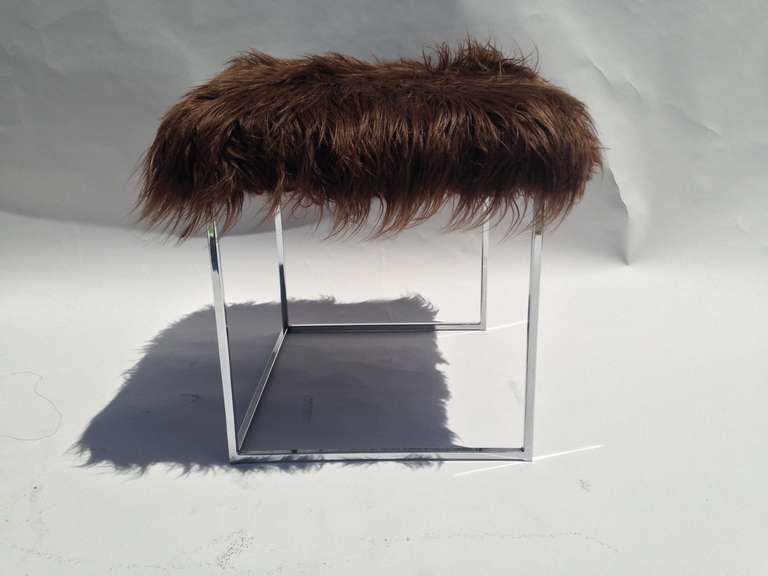 Milo Baughman Stools in Chocolate Mongolian Lamb In Excellent Condition In Palm Springs, CA