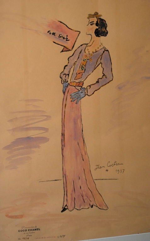 This is an amazing original work by Cocteau.  It is hand drawn in pencil with charcoal and watercolors.  It is signed by the artist and stamped with Coco Chanel's inventory stamp. <br />
<br />
Image dims: 14.75x23