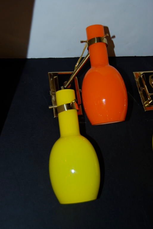 Italian Stilnovo Sconces with Orange and Yellow Murano Glass Shades For Sale