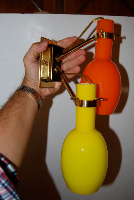 Mid-20th Century Stilnovo Sconces with Orange and Yellow Murano Glass Shades For Sale