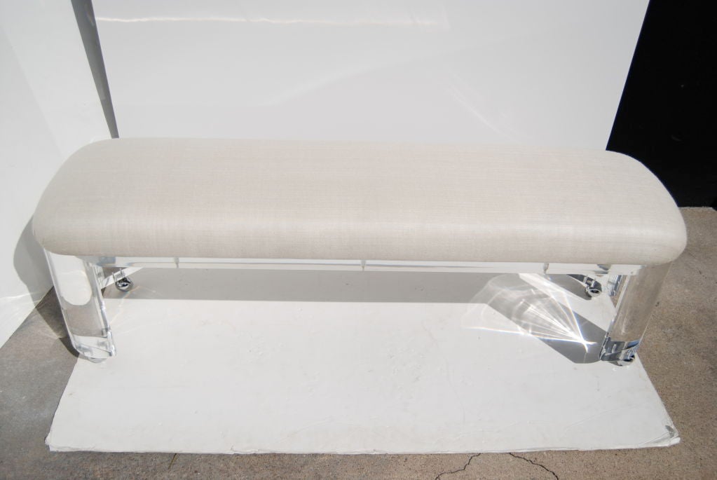 American Karl Springer Lucite Prisma Leg Bench in Tussah Silk