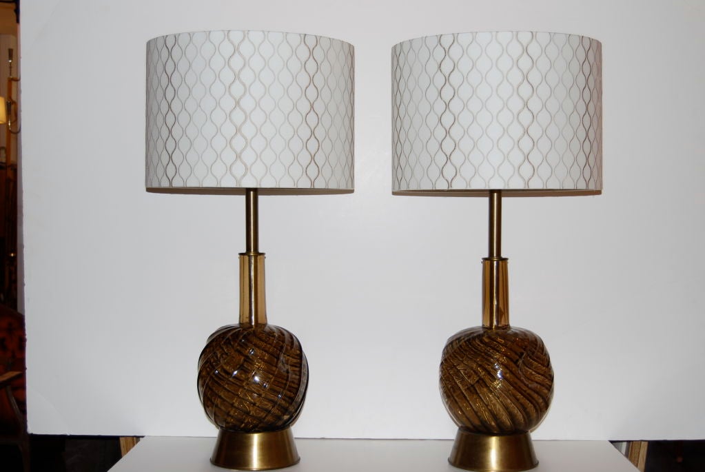 A great pair of lamps by Seguso. Original labels intact. Custom shades included.