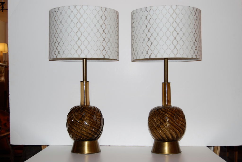 Italian Seguso Table Lamps with Custom Shades For Sale