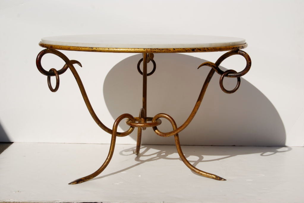 French Rene Drouet Gilded Table with Marble Top. For Sale