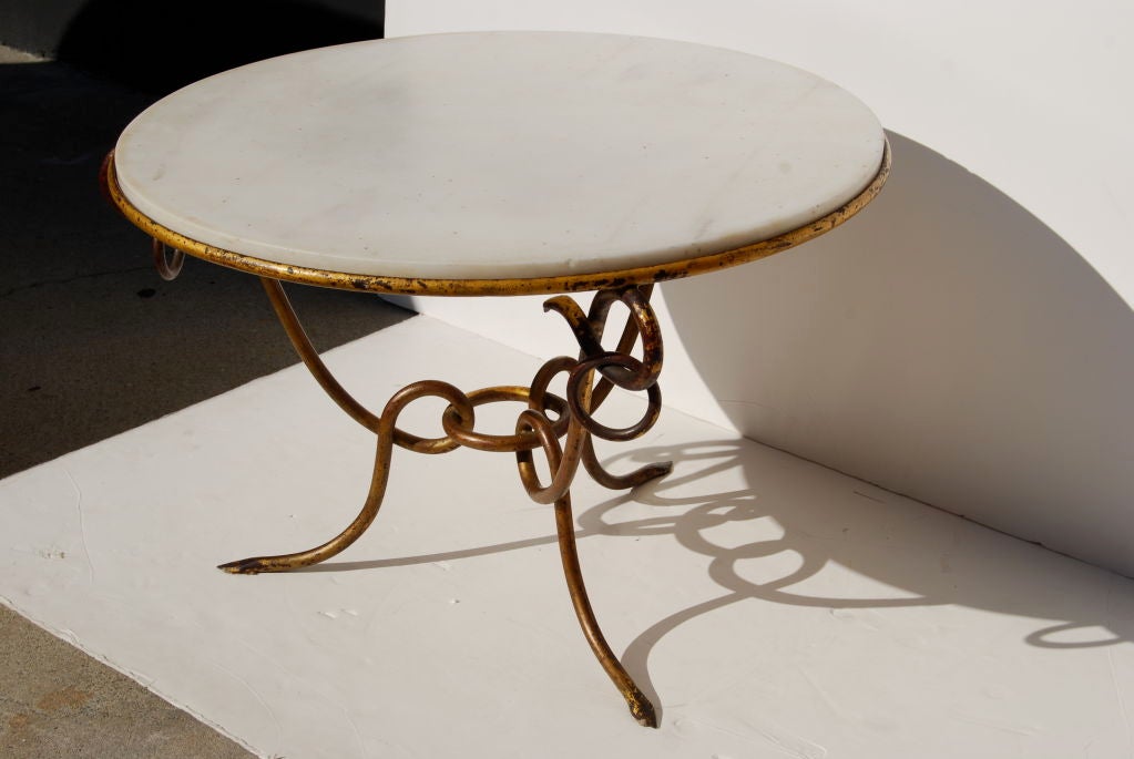 Rene Drouet Gilded Table with Marble Top. In Excellent Condition For Sale In Los Angeles, CA