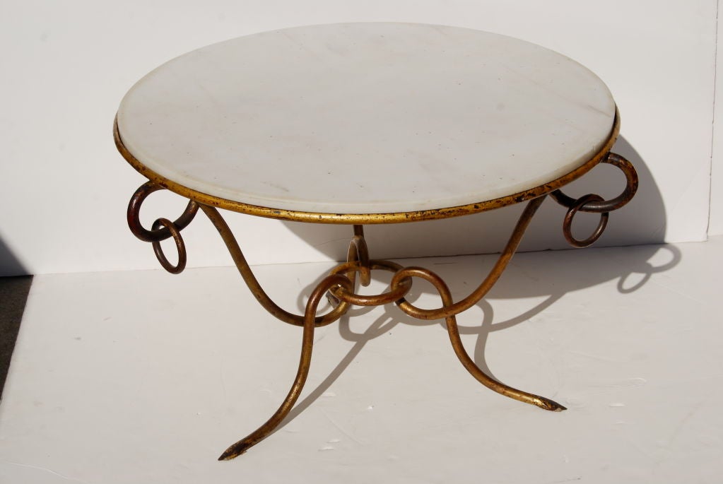 Mid-20th Century Rene Drouet Gilded Table with Marble Top. For Sale