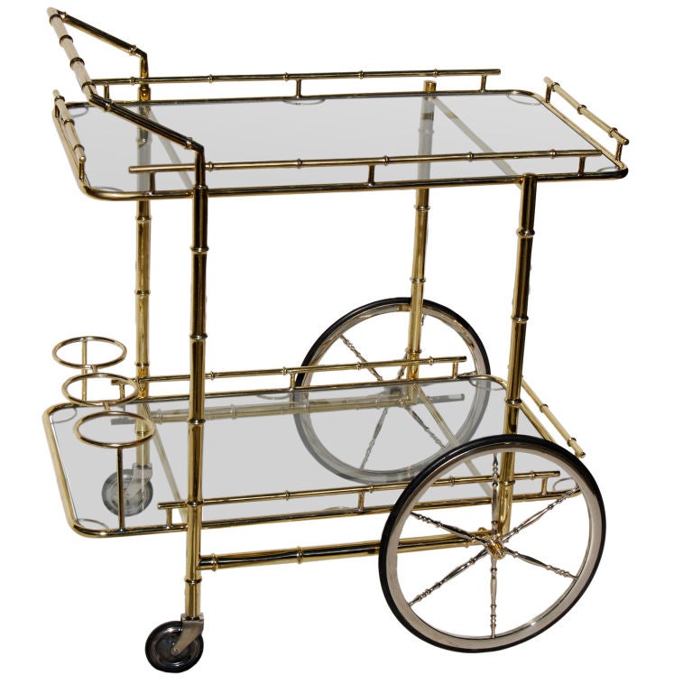 Brass "Bamboo" Barcart with Polished Steel Wheels. For Sale