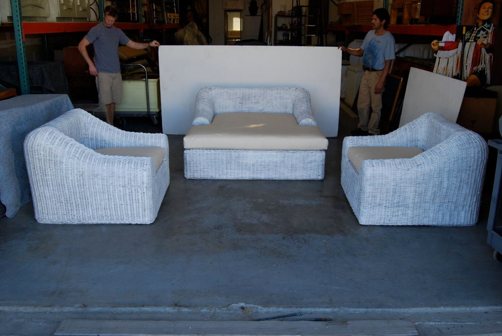 Classic Michael Taylor. <br />
Cushions are in Sunbrella Fabric.<br />
Dimensions listed are for the chairs. The chaise is 31x56x65.<br />
Price is for set. More pieces available.