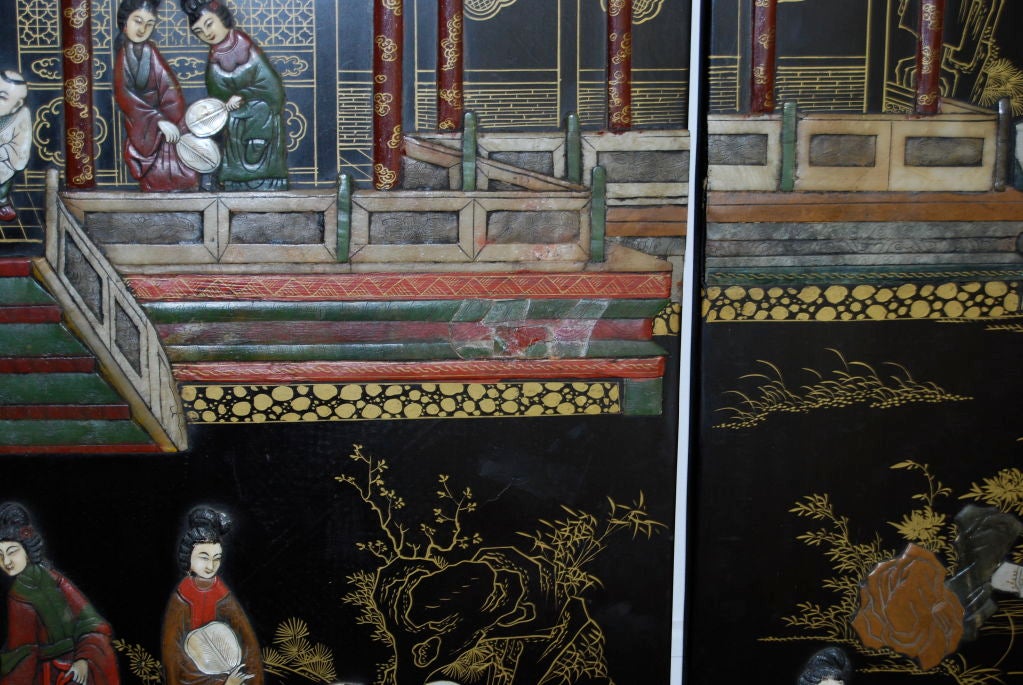 20th Century Large Six Panel Coromandel Screen With Ivory and Hardstone Inlay
