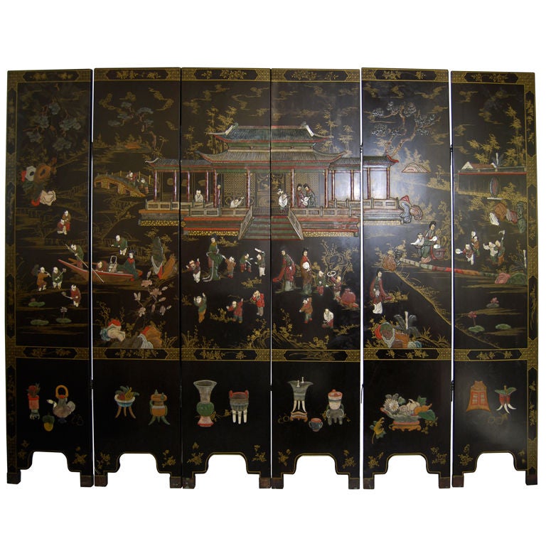 Large Six Panel Coromandel Screen With Ivory and Hardstone Inlay