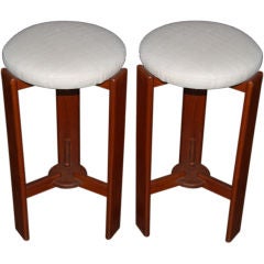 Vintage Pair of Scandinavian Teak Bar Stools with Silk Seats