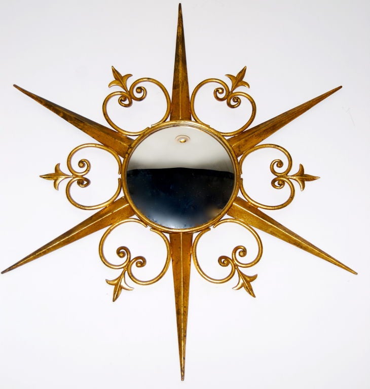 Mid-20th Century French Gilded Sunburst Mirror with Fleur De Lis For Sale