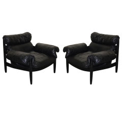 Pair of Sergio Rodrigues Ebonized "Mole" Chairs in Black Leather
