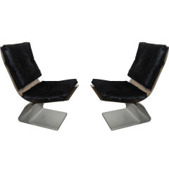 Maison Jansen Glass Lounge Chairs in Black Hair on Hide