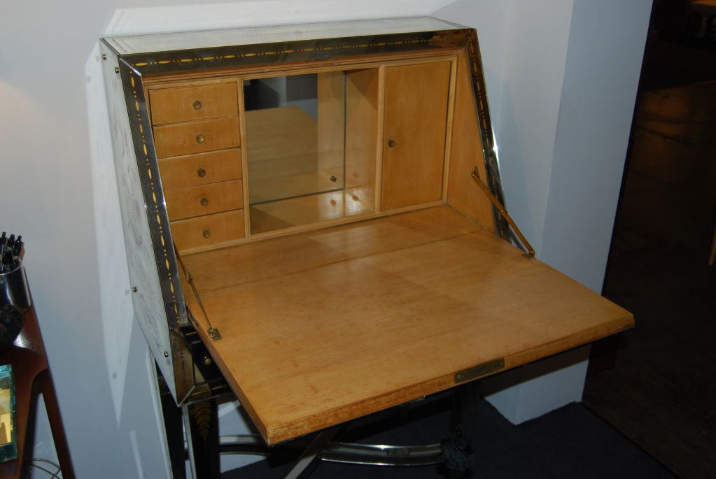 French Rare Robert Pansart Verre Églomisé Mirrored Drop Front Desk For Sale