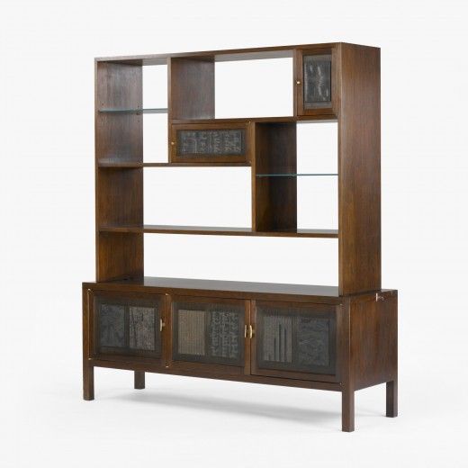 A rare and beautiful Edward Wormley for Dunbar wall unit with antique Japanese print blocks embedded in the doors as decoration. Edward Wormley was an avid traveler and loved to find antique components to integrate into his great modernist designs.