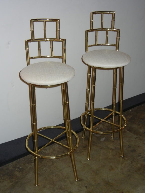 Striking Set of 4 Italian Brass Bamboo Barstools with Silk Seats In Excellent Condition In Los Angeles, CA