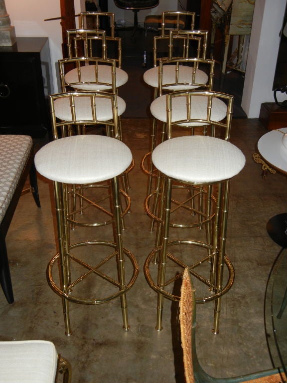 20th Century Striking Set of 4 Italian Brass Bamboo Barstools with Silk Seats