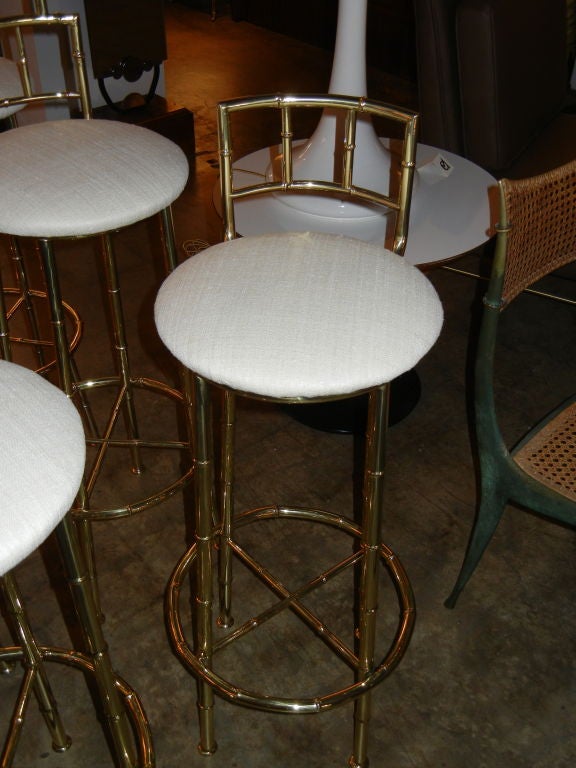 Striking Set of 4 Italian Brass Bamboo Barstools with Silk Seats 1