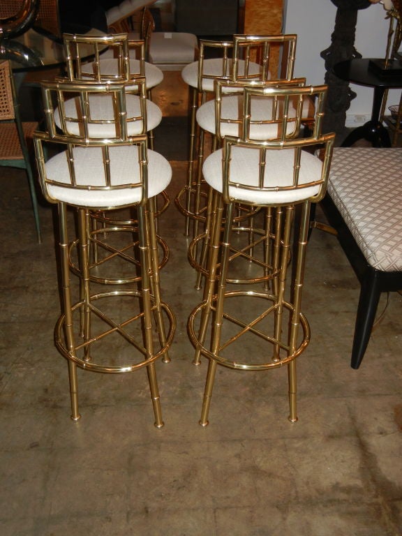 Striking Set of 4 Italian Brass Bamboo Barstools with Silk Seats 2