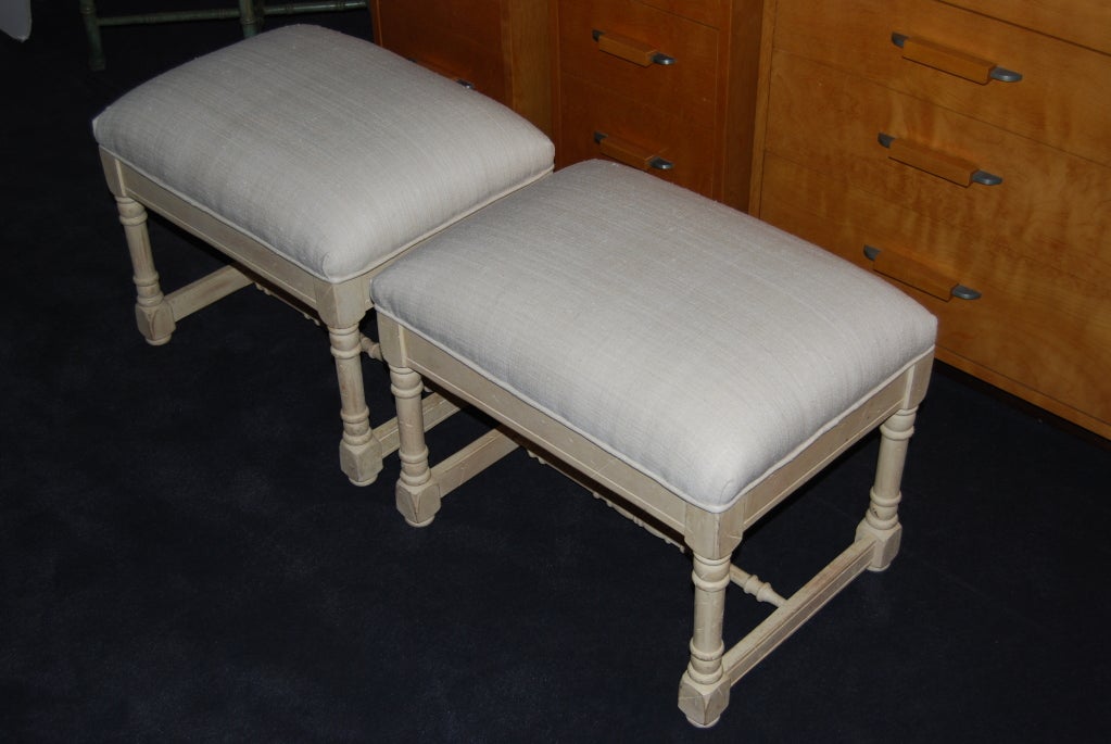 A charming pair of stools with silk tops. Branded 
