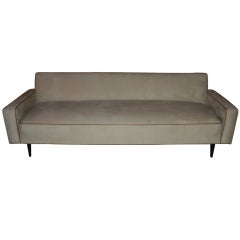Paul McCobb Sofa in Ultrasuede with Brown Leather Piping