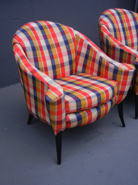 Stylish French Lounge Chairs in Plaid Taffeta In Excellent Condition In Palm Springs, CA