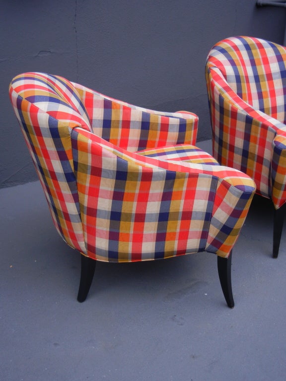 20th Century Stylish French Lounge Chairs in Plaid Taffeta