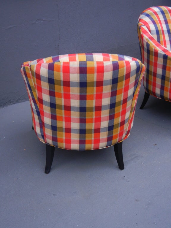 Stylish French Lounge Chairs in Plaid Taffeta 1