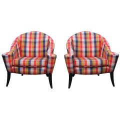 Stylish French Lounge Chairs in Plaid Taffeta