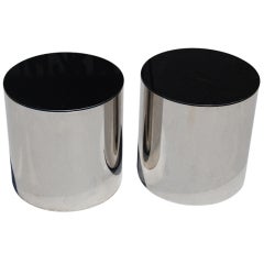 Paul Evans Chrome Cylinder Tables with Black Glass Tops