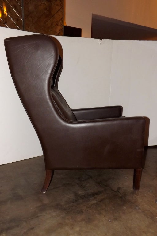 Scandinavian Modern Borge Mogensen Brown Leather Wing Chair For Sale