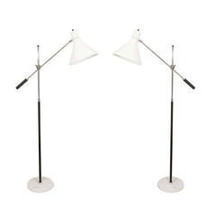 Arredoluce White Tole, Leather and Marble Pair of Floor Lamps, Italy 1960s