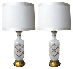 Pair of American White Opaque Gilt Glass Bottle-Form Lamps