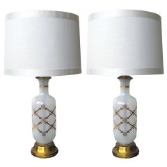 Pair of American White Opaque Gilt Glass Bottle-Form Lamps 3
