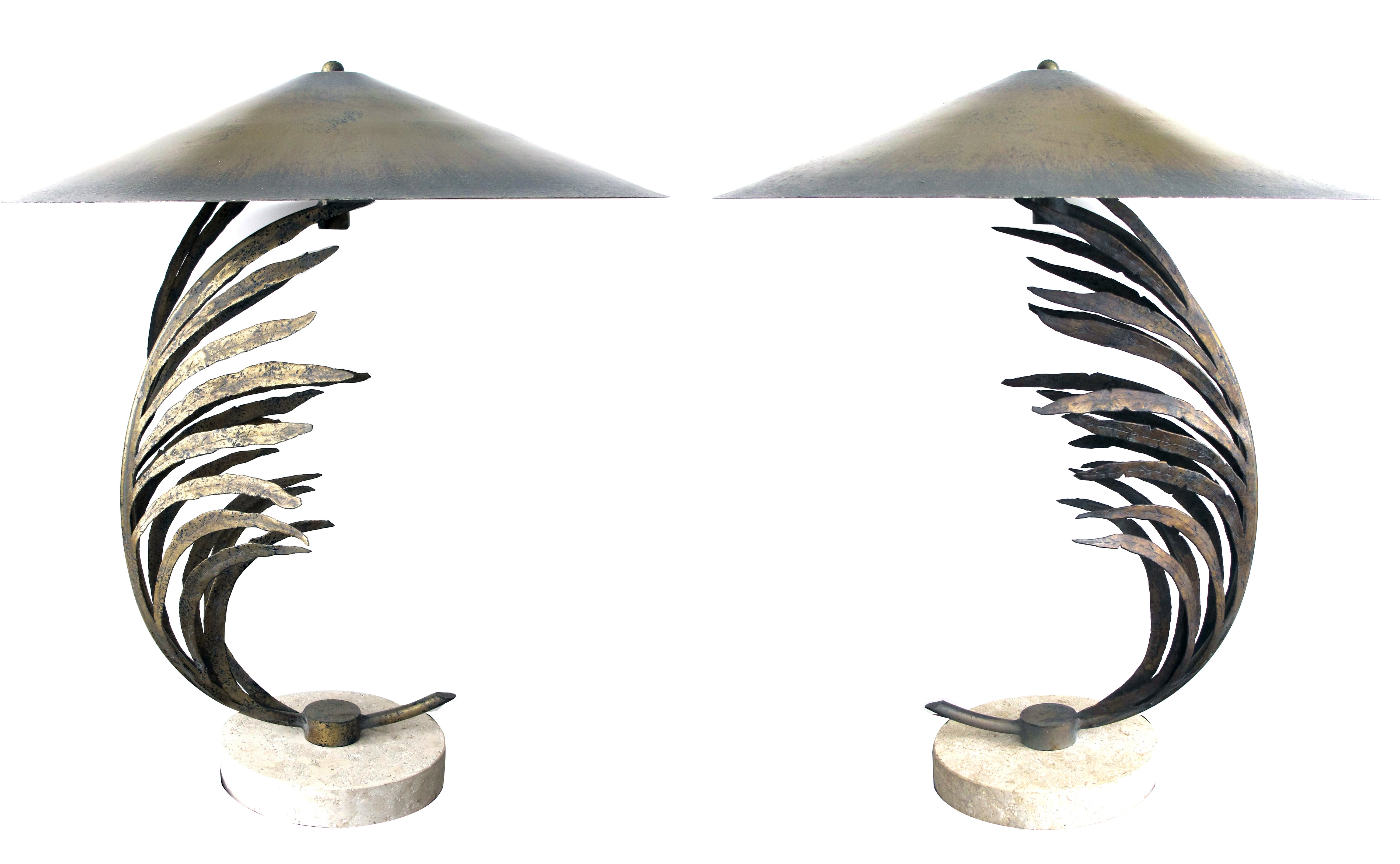 An Unusual Pair of American Gilt-Metal Palm Frond Lamps w/Shades