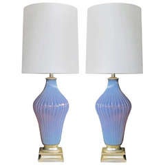 A Tall & Good Quality Pr. of Murano Ribbed Lavender Art Glass Lamps made for Marbro Glass Co.
