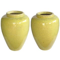 Vintage A Monumental Pair of American Art Pottery Oil Jars in a Lemon-Yellow Crackle Glaze Attributed to Bauer Pottery
