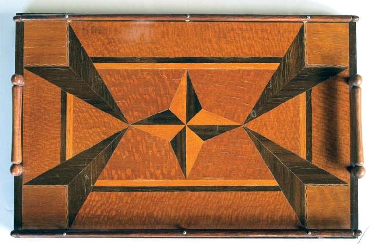 A Handsome English Rectangular Tray with Star Inlay, Wood Gallery and Handles In Good Condition In San Francisco, CA