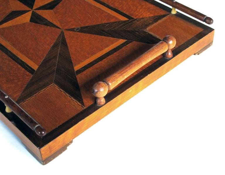 19th Century A Handsome English Rectangular Tray with Star Inlay, Wood Gallery and Handles
