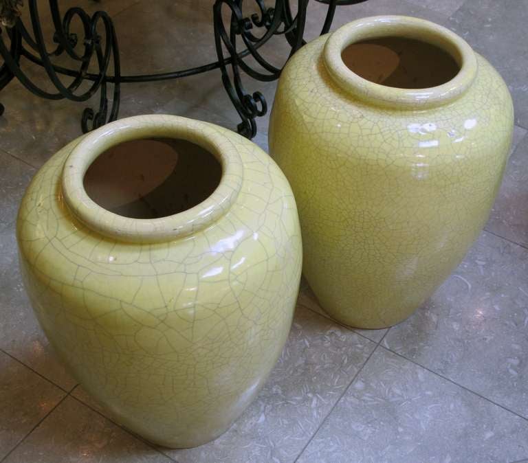 A Monumental Pair of American Art Pottery Oil Jars in a Lemon-Yellow Crackle Glaze Attributed to Bauer Pottery In Excellent Condition In San Francisco, CA