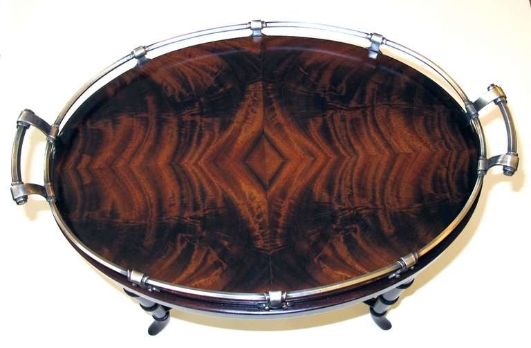 A Richly-Patinated English Crotch Mahogany Oval Tray with Pewter Gallery Raised on a Later Stand In Excellent Condition In San Francisco, CA