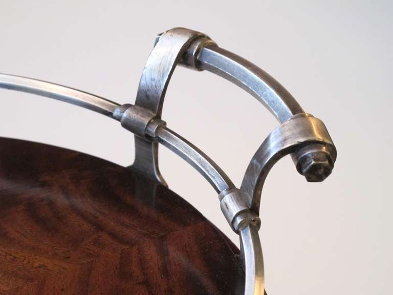 A Richly-Patinated English Crotch Mahogany Oval Tray with Pewter Gallery Raised on a Later Stand 1