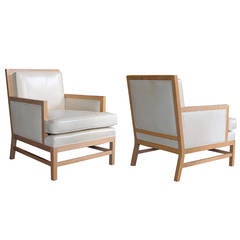 Stylish Pair of French Mid-Century Oak Club Chairs with Ivory Leather Upholstery