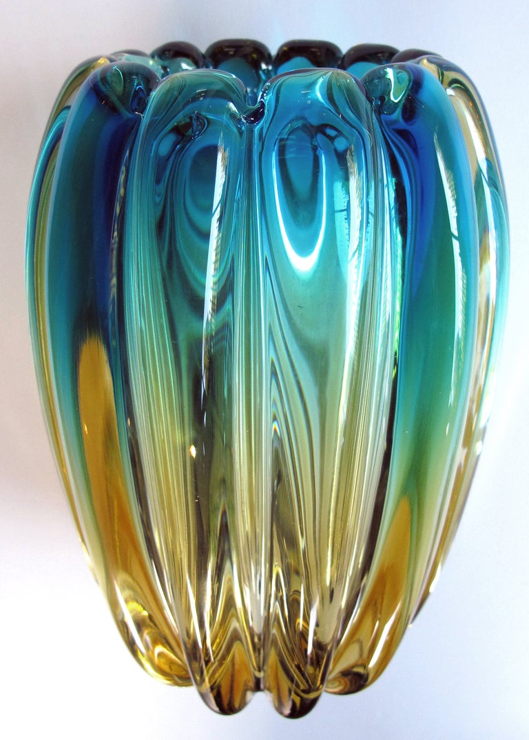 Shimmering Pr of Murano Melon-Ribbed Teal&Gold Art Glass Vases; Barovier&Toso 1